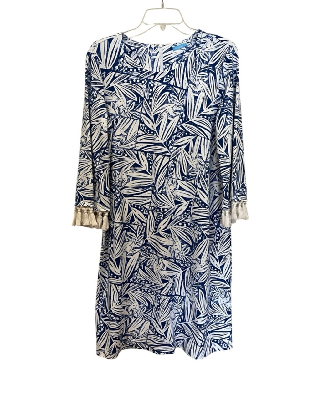 J. McLaughlin Blue and White fringe wrist midi dress size large
